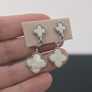 Stwrling Silver And Mother of Pearl Clover Drop Stud Earrings